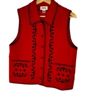 Talbots VTG Red Vest Black Blanket Stitching Embroidery  Motif Women's‎ Size S